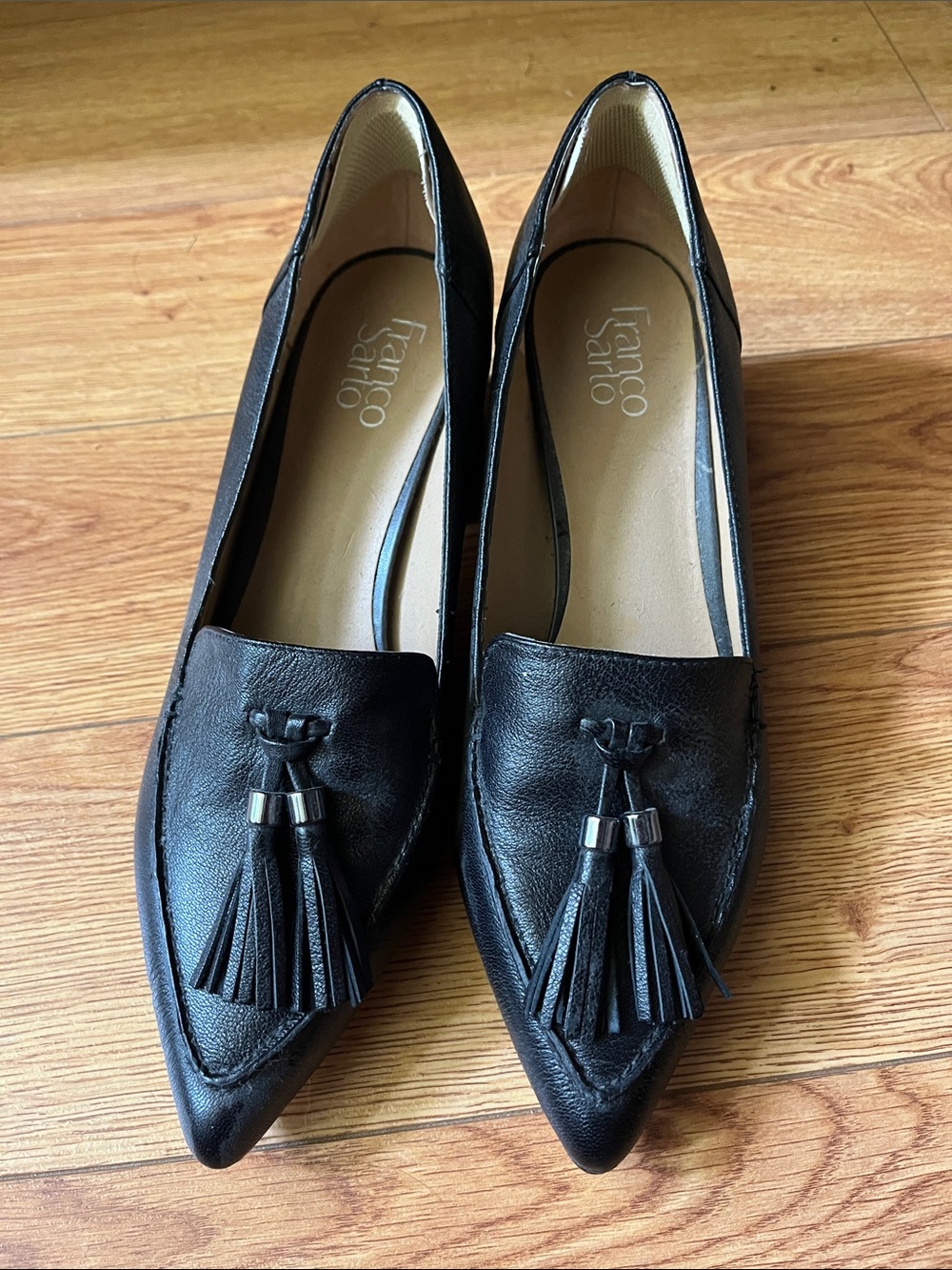 Franco Sarto Black Leather Pointed-Toe Tassel Loafers